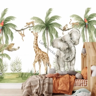 LaFi tapeta na míru – Safari na bílé (žirafa, slon a opičky) | akvarel