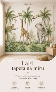 LaFi tapeta na míru – Safari na bílé (žirafa, slon a opičky) | akvarel