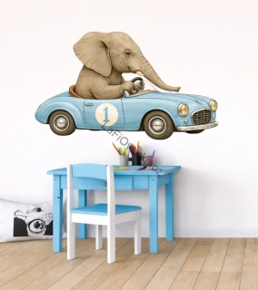 LaFi samolepka na zeď – Slon v modrém autě