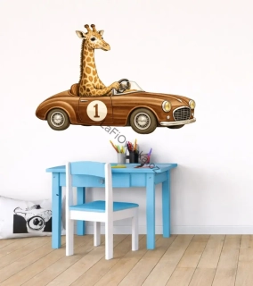 LaFi samolepka na zeď – Žirafa v hnědém autě