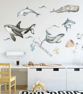 LaFi textilní samolepky na zeď – Velryby a delfíni (podmořský svět) | MIDI / MAXI