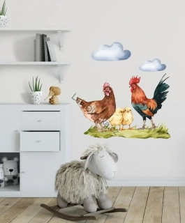 LaFi samolepka na zeď – Slepice, kohout a kuřátka (32 × 32 cm)