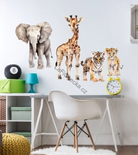 LaFi samolepka na zeď – Safari mláďata (slůně, žirafa, tygřík, lvíče)