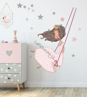 LaFi samolepka na zeď – Dívka na houpačce + mix hvězdiček (arch 95 × 40 cm)