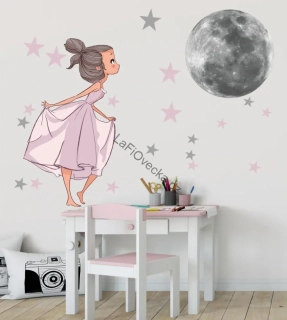 LaFi samolepka na zeď – Dívka a měsíc | sada s hvězdičkami | MINI / MIDI / MAXI / na míru