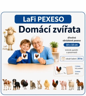 LaFi Dřevěné Pexeso – Domácí zvířata  (10×10 cm) | Trénink paměti | Česká výroba